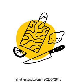 Afiche de arte de doodle de cocina. Tablero de corte, cuchillo y limón en ilustración vectorial de boceto para los amantes de los alimentos.