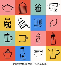 Afiche de arte de doodle de cocina. Utensilios de cocina en cuadros de colores ilustraciones vectoriales de arte pop para la cocina. Equipo culinario e ingredientes en póster retro.