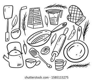 Kitchen doodle elements set. Hand draw vector illustration in cartoon style. Black color. Isolated on white background.