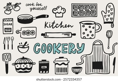 Kitchen doodle hand-drawn set. Design concept for cooking classes, courses, food studio, cafe, restaurant. Cookery vector elements.