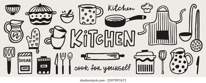 Kitchen doodle hand-drawn set. Design concept for cooking classes, courses, food studio, cafe, restaurant. Cookery vector elements.