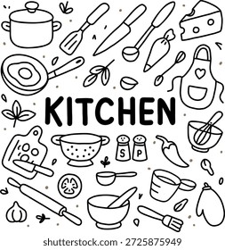 Conjunto de ilustración de doodle de cocina con utensilios de cocina, utensilios de cocina y Elementos de alimentos en estilo de contorno blanco y negro. Iconos de cocina de arte de línea dibujados a mano para menús, recetas, empaques y diseño culinario.