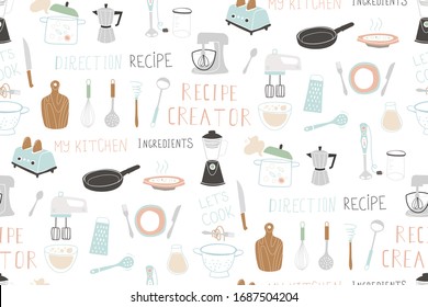 Kitchen doodle for modern recipe card template set for cookbook. Vector icon set.