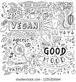 Kitchen doodle pattern, cafe template design. Sketchy food, kitchen wall art. Restaurant wall doodle. Vector food art.