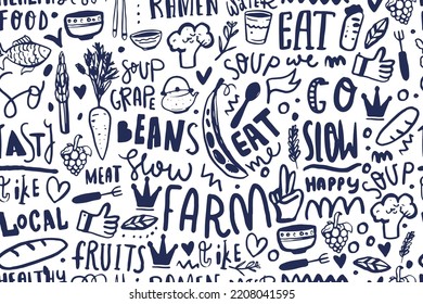 Kitchen doodle seamless pattern with lettering, food cafe template design.