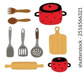 Kitchen doodle set illustration featuring spoons, spatulas, pots, cutting board, and rolling pin