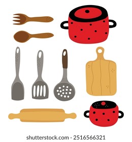 Ilustración de doodle de cocina con cucharas, espátulas, ollas, tabla de cortar y rodillo