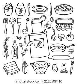 Kitchen doodle set. Utensil, cutlery, and elements isolated in white background. Hand-drawn vector illustration. 