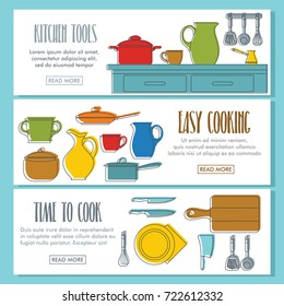 Kitchen doodle three horizontal banners. Doodle illustration of Kitchen vector for web and design