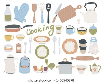 Kitchen doodle vector icon set.