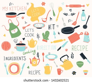 Kitchen doodle vector icon set. For modern recipe card template set for cookbook. Menu creator.