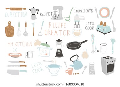 Kitchen doodle vector icon set. For modern recipe card template set for cookbook.