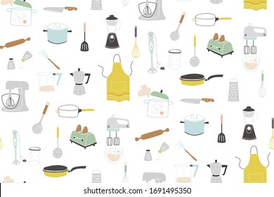 Kitchen doodle vector icon set. Vector seamless pattern.