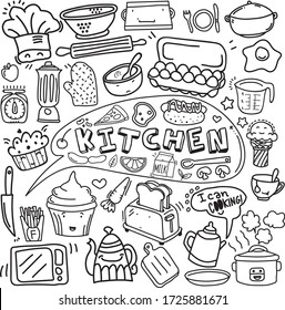 Kitchen doodle vector with the stuffs, hand made, wall art, cafe template design, restaurant wall doodle, vector food art