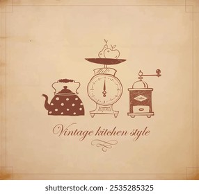 Kitchen doodles. Composition with teapot, kitchen scale with fruit, and coffee grinder on vintage background.