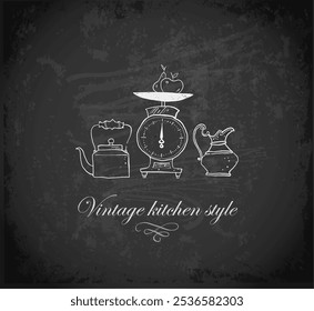 Kitchen doodles. Composition with teapot, kitchen scale with fruit, and coffee grinde ron blackboard background.