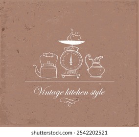 Kitchen doodles. Composition with teapot, kitchen scale with fruit, and coffee grinder on brown parcel paper background.