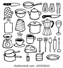 Kitchen Doodles - hand drawn kitchen tools, pans, pots, cups, cutlery.