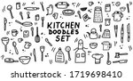 Kitchen doodles icon set. Hand drawn lines kitchen cooking tools and appliances, kitchenware, utensil cartoon icons collection. Vector illustration.