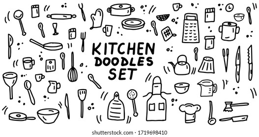 Kitchen Doodles Icon Set. Hand Drawn Lines Kitchen Cooking Tools And Appliances, Kitchenware, Utensil Cartoon Icons Collection. Vector Illustration.