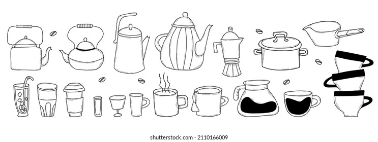 Kitchen doodles icon set. Hand drawn lines of kitchen items, dishes, cups and teapots. Vector illustration. Big collection of cartoon icons of kitchen utensils. Isolated elements