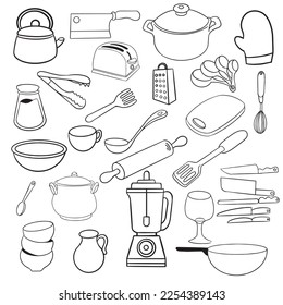 Kitchen doodles icon set. Hand drawn lines kitchen cooking tools and appliances, kitchenware, utensil cartoon icons collection. Vector illustration.