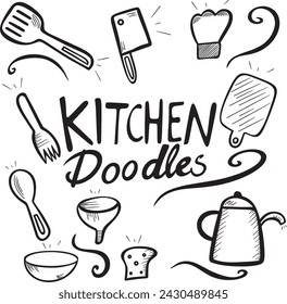 Kitchen doodles icon set. Hand drawn lines kitchen cooking tools and appliances, kitchenware, utensil cartoon icons collection. Vector illustration.