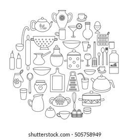 Kitchen doodles utensils, kitchenware, table ware set. Cooking equipment, icons. Circle colouring page. Vector illustration in cartoon style