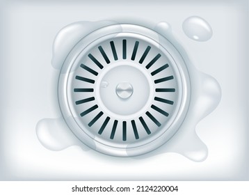 Kitchen drain. Close-up showers and kitchens sink with water vector illustration, house interior metal draining sewer, homebathroom steel drains hole isolated on background