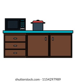 kitchen drawer with microwave oven and pot