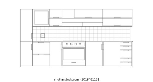 Dibujo de cocina.Esbozo lineal arquitectónico interior cocina vista frontal.Muebles de casa modernos.Ilustración vectorial.