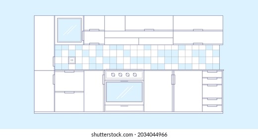 Kitchen drawing.Interior sketch of a kitchen room.Modern home furniture.Vector illustration.