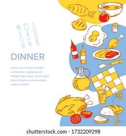 Kitchen drawings collection, dinner, hand-drawn.
