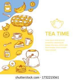 Kitchen drawings collection, tea time, hand-drawn.