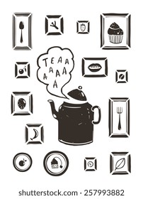 Kitchen Drinking Tea Teapot and Cooking Art Frames. Tea-drinking and kitchen design elements. Vector EPS10.