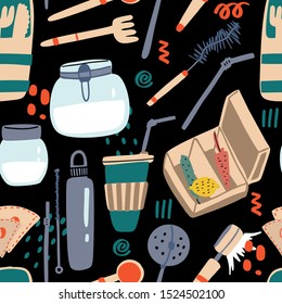 Kitchen eco style accessories seamless pattern. Hand drawn element of zero waste life in vector.  No Plastic and Go Green concept background.