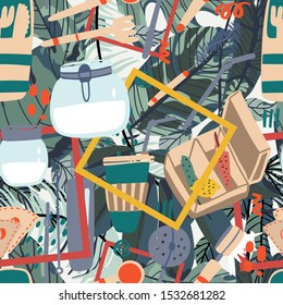 Kitchen eco style accessories with tropical leaves on background seamless pattern. Hand drawn element of zero waste life in vector.  No Plastic and Go Green concept background.