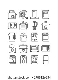 Kitchen electric appliance icon set. Air fryer, oven, grill, fruit blender, steamer pot, coffee maker, dishwasher, and more. Vector illustration, outline style, editable stroke.