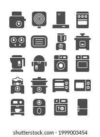 Kitchen electric appliance icon set. Air fryer, oven, grill, fruit blender, steamer pot, coffee maker, dishwasher, and more. Vector illustration, solid style.