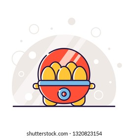 Kitchen electric appliances for cooking. The process of cooking eggs in the egg boiler. Vector flat illustration in linear style.