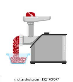 Kitchen electric appliances for cooking. The process of cooking stuffing. Meat grinder at work. Vector flat illustration.