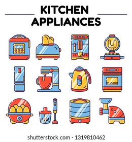 Kitchen electric appliances for cooking. Vector flat icons in linear style on a white background. Isolated objects