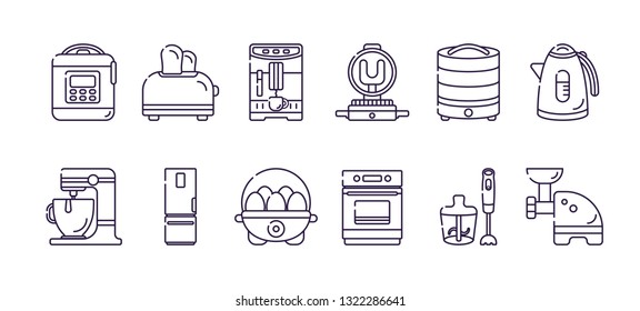 Kitchen electric appliances for cooking. Vector flat transparent icons in linear style on white background. Isolated objects