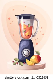 Kitchen electric blender with smoothie, fruits and berries on a 3D podium. Modern household kitchen equipment device a blender. Smoothie maker. Mixer. Vector illustration eps 10.