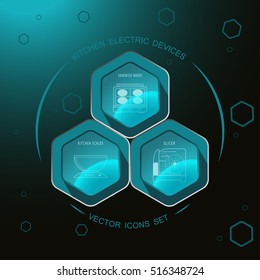 Kitchen electric devices - vector icons set on the hexagon dark turquoise background with sandwich maker, kitchen scales, slicer.
