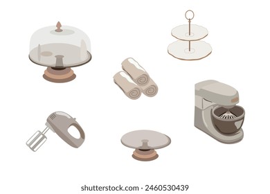 Kitchen electrical appliances vector set. Mixer, blender, towels, cake stand with and without a lid. Everything for the kitchen. Flat kitchen equipment