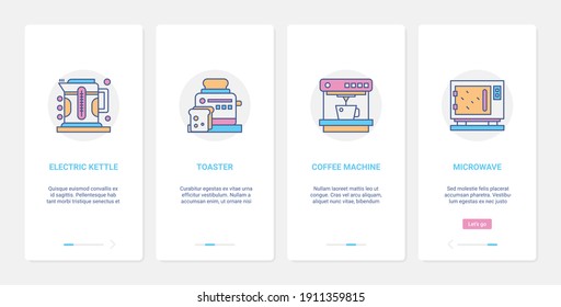 Aparatos electrodomésticos de cocina, ilustración vectorial de equipamiento doméstico. UX, UI incorporado página de aplicación móvil conjunto de pantalla con línea de cocina vajilla, tostadora eléctrica máquina de café microondas