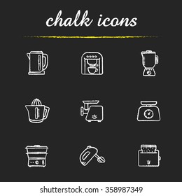 Kitchen electronics chalk icons set. Kitchenware electric appliances items. Consumer household cooking devices. Steamer and mixer white illustrations on blackboard. Vector chalkboard logo concepts