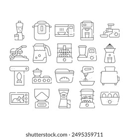 Kitchen Electronics Collection Icons Set Vector. Kitchen Blender And Multicooker, Microwave Oven And Coffee Maker, Meat Grinder And Juicer Black Contour Illustrations