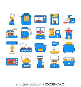 Iconos de Colección de Kitchen Electronics Set Vector. Licuadora De Cocina Y Multicooker, Horno De Microondas Y Cafetera, Molinillo De Carne Y Exprimidor Ilustraciones De Contorno De Color